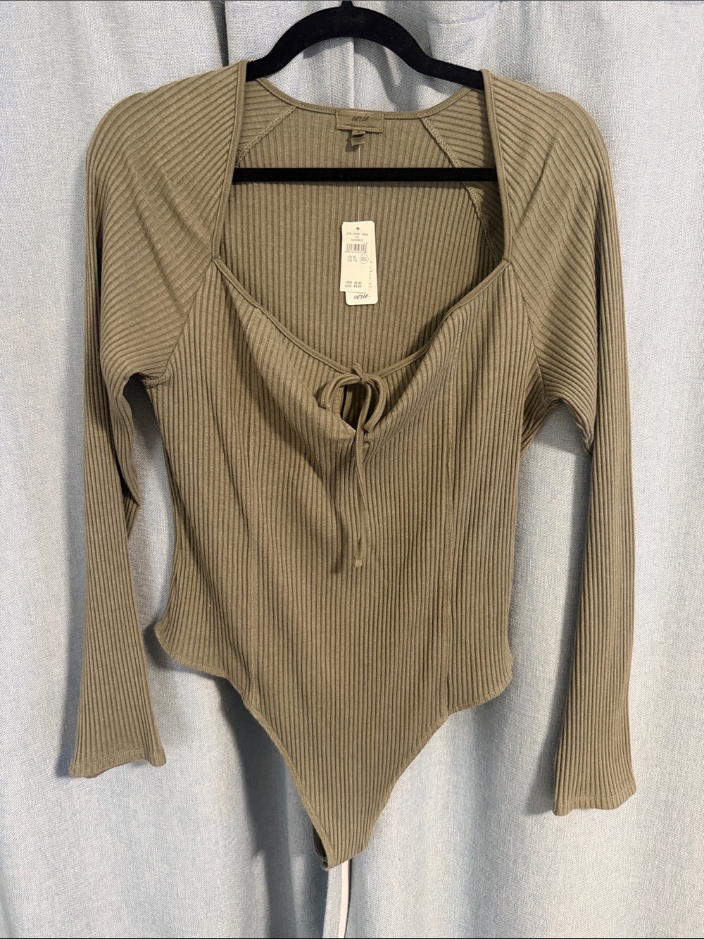 aerie Olive Ribbed Tie-Front Long Sleeve Bodysuit